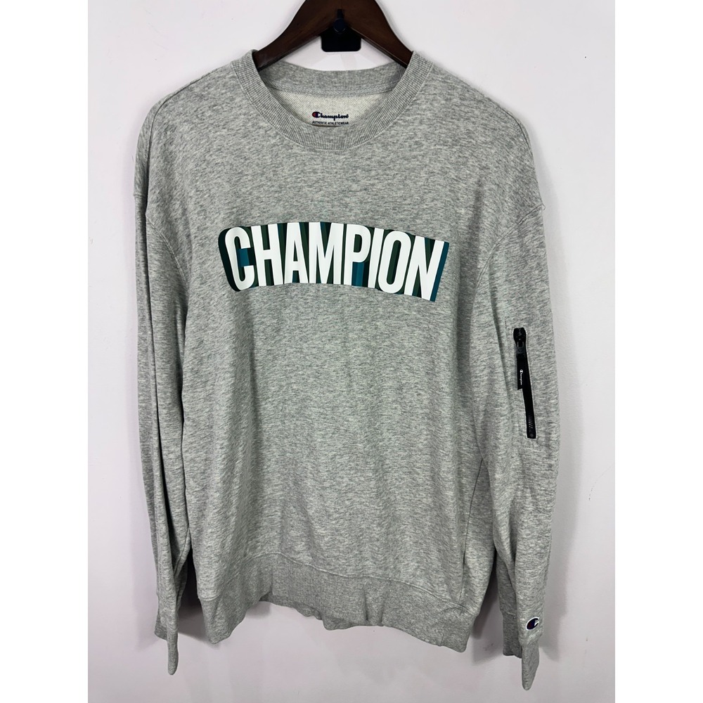 Champion Sweatshirt Mens Medium Gray Graphic Sleeve Pocket Crewneck Pullover